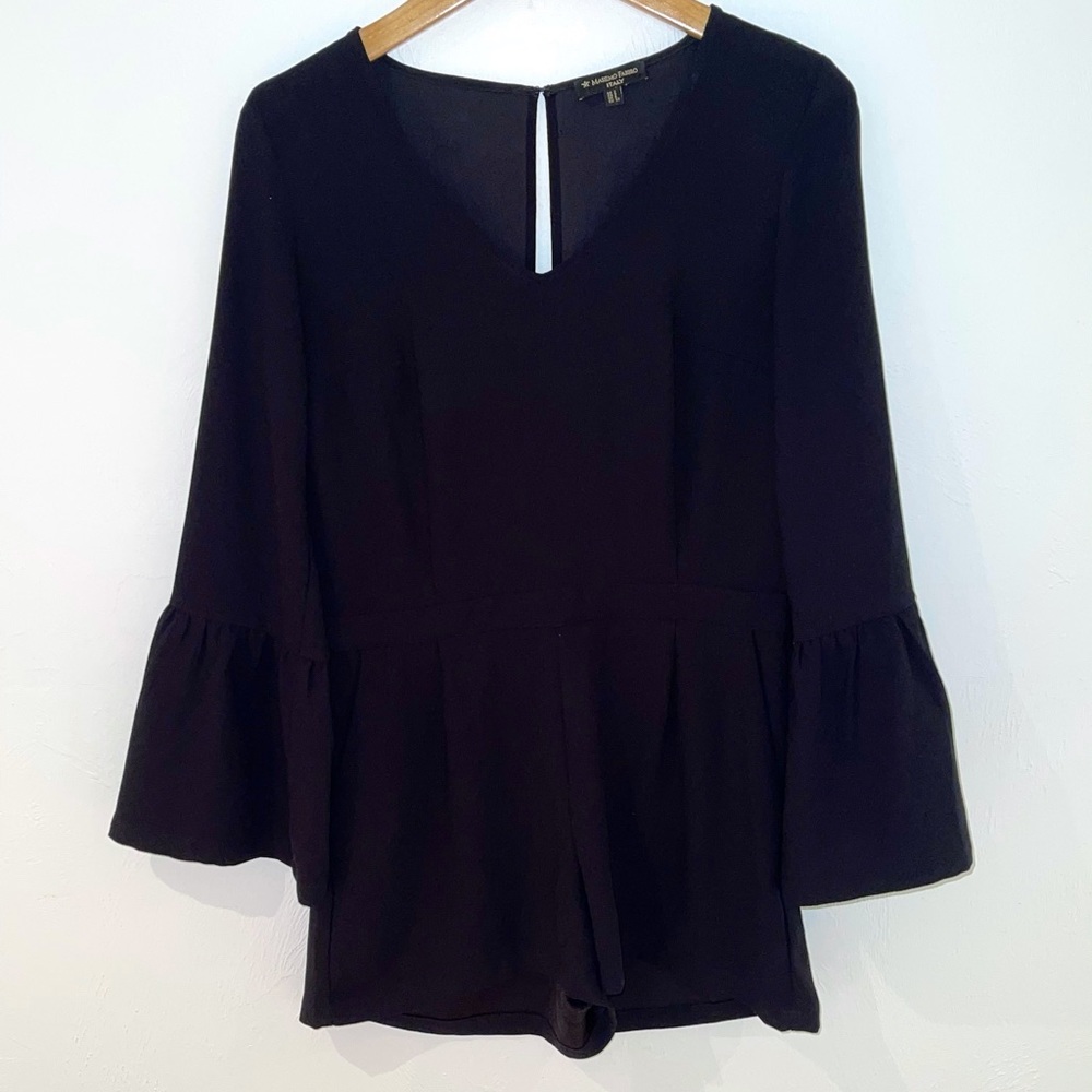 Long, bell sleeve business casual romper, black